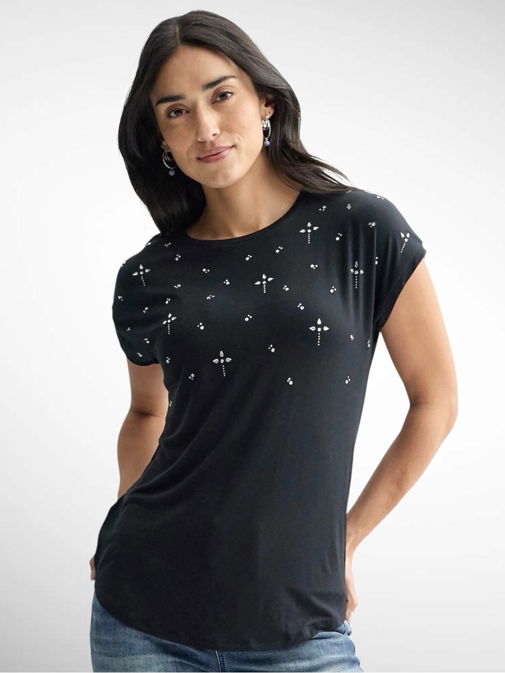 NWT Apt 9 Black Embellished Short-Sleeve Pullover Top